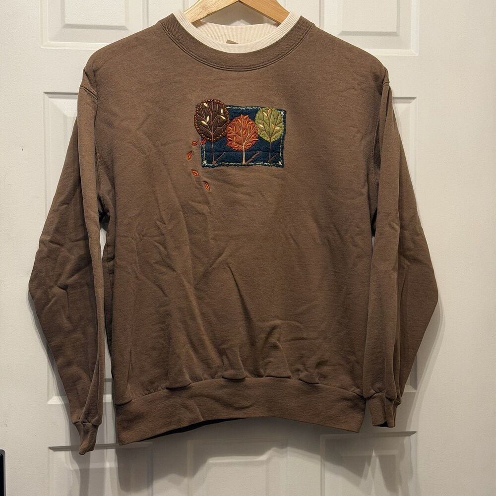 Top Stitch Morning Sun Sweatshirt L Brown Fall Leaves Trees Vintage 90s